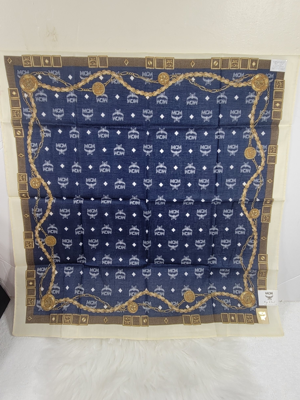 MCM Navy Blue and Gold Logo Print Silk Scarf Panel